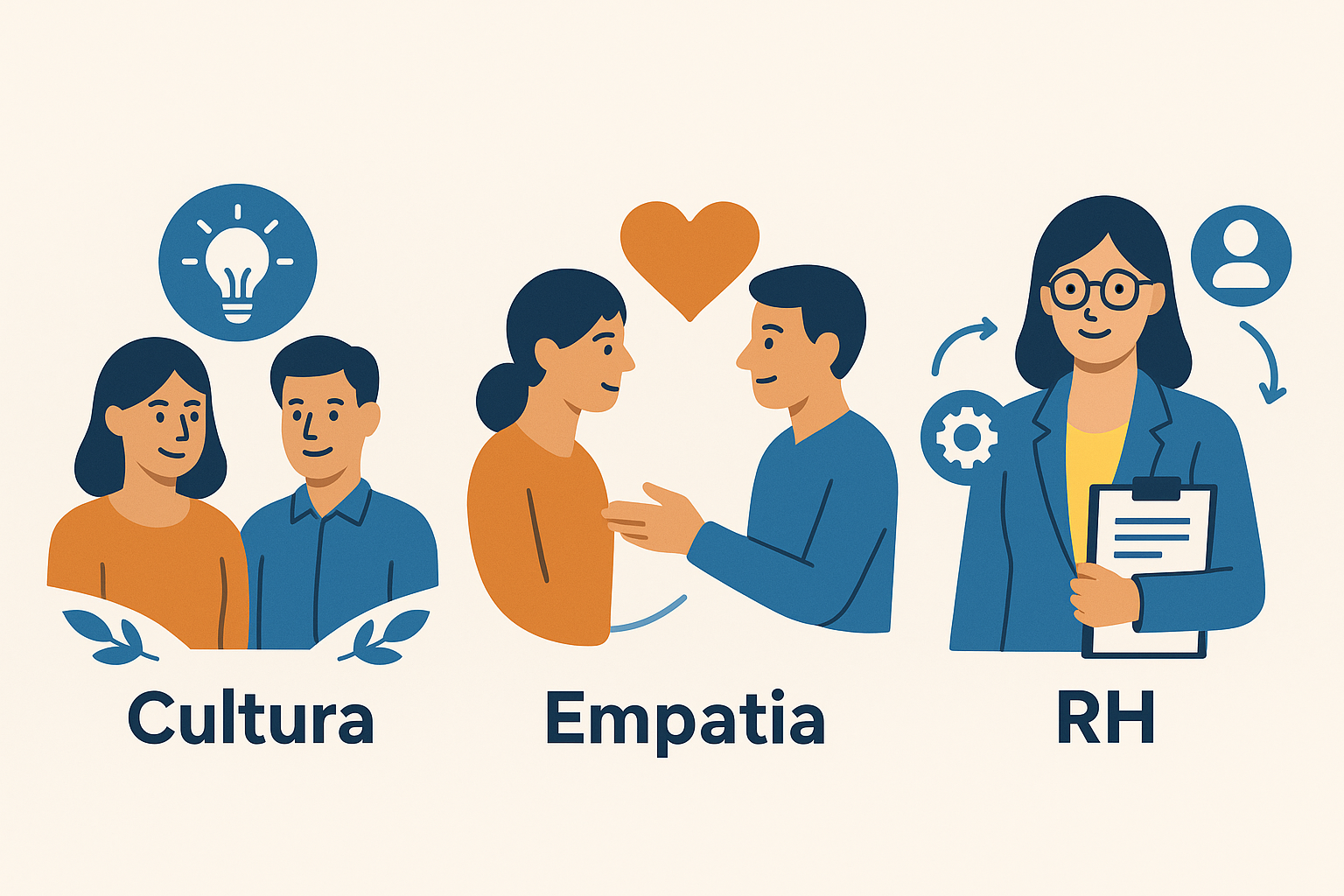 Duas mãos apertando-se, com ícones flutuantes representando empatia, cultura, diversidade e tecnologia.