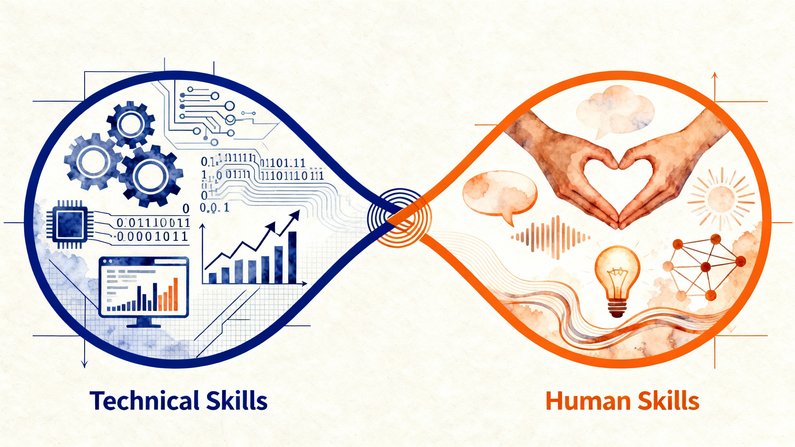 Um gráfico equilibrando 'competências técnicas' e 'competências humanas', com pessoas interagindo no centro.